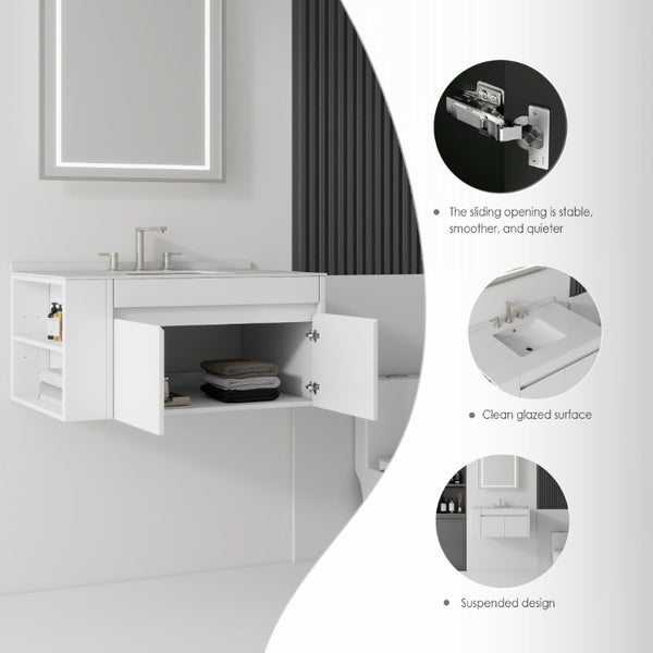 English Elm 36 Inch Floating Bathroom Vanity with Cultured Marble Top Undermount Sink Soft Close White Granite White B2775S00221