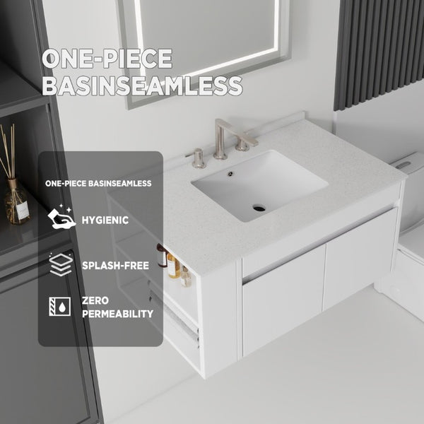 English Elm 36 Inch Floating Bathroom Vanity with Cultured Marble Top Undermount Sink Soft Close White Granite White B2775S00221