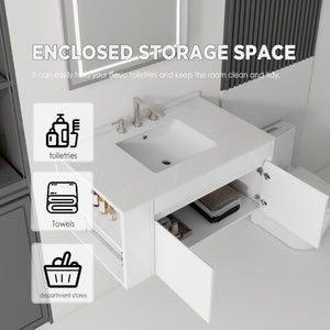English Elm 36 Inch Floating Bathroom Vanity with Cultured Marble Top Undermount Sink Soft Close White Granite White B2775S00221