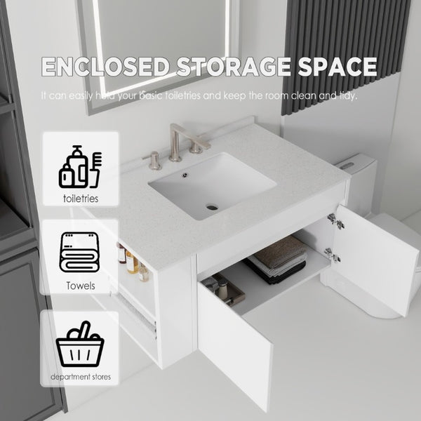English Elm 36 Inch Floating Bathroom Vanity with Cultured Marble Top Undermount Sink Soft Close White Granite White B2775S00221