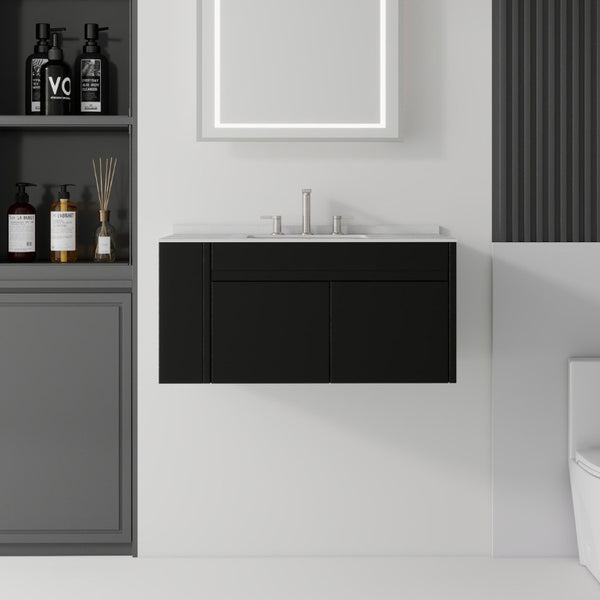 English Elm 36 Inch Floating Bathroom Vanity with Cultured Marble Top Undermount Sink Soft Close Black Granite White B2775S00222