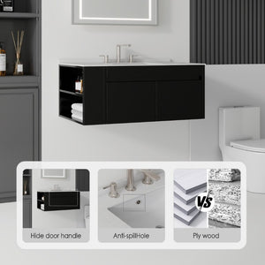 English Elm 36 Inch Floating Bathroom Vanity with Cultured Marble Top Undermount Sink Soft Close Black Granite White B2775S00222