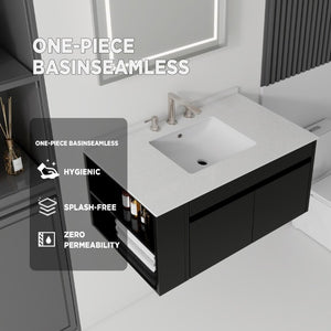 English Elm 36 Inch Floating Bathroom Vanity with Cultured Marble Top Undermount Sink Soft Close Black Granite White B2775S00222