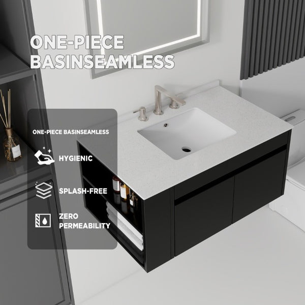 English Elm 36 Inch Floating Bathroom Vanity with Cultured Marble Top Undermount Sink Soft Close Black Granite White B2775S00222