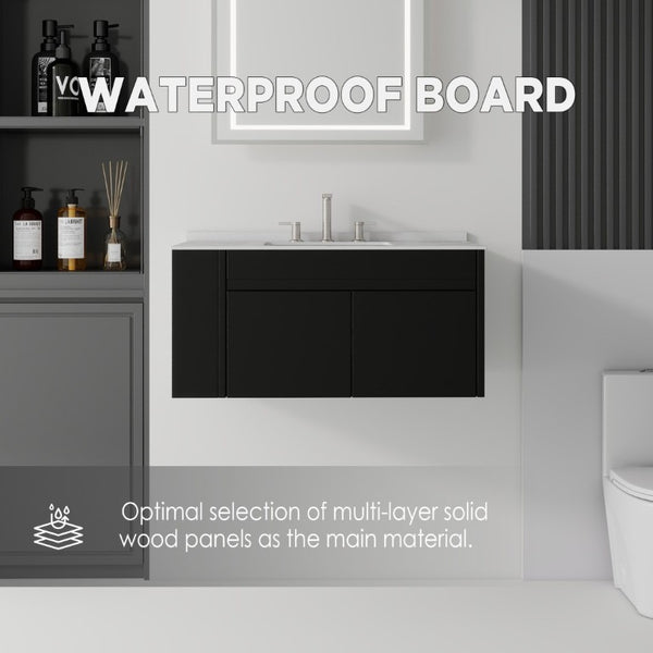 English Elm 36 Inch Floating Bathroom Vanity with Cultured Marble Top Undermount Sink Soft Close Black Granite White B2775S00222