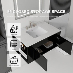 English Elm 36 Inch Floating Bathroom Vanity with Cultured Marble Top Undermount Sink Soft Close Black Granite White B2775S00222