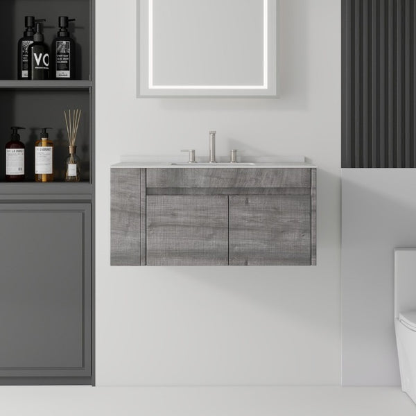 English Elm 36 Inch Floating Bathroom Vanity with Cultured Marble Top Undermount Sink Soft Close Grey Granite White B2775S00223