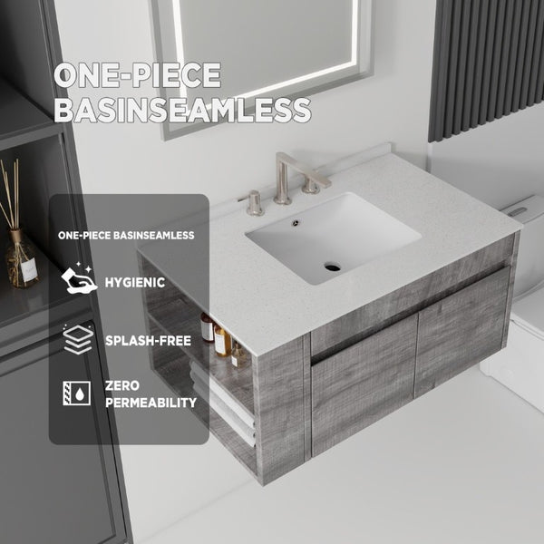English Elm 36 Inch Floating Bathroom Vanity with Cultured Marble Top Undermount Sink Soft Close Grey Granite White B2775S00223