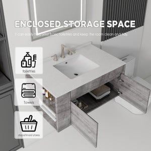 English Elm 36 Inch Floating Bathroom Vanity with Cultured Marble Top Undermount Sink Soft Close Grey Granite White B2775S00223
