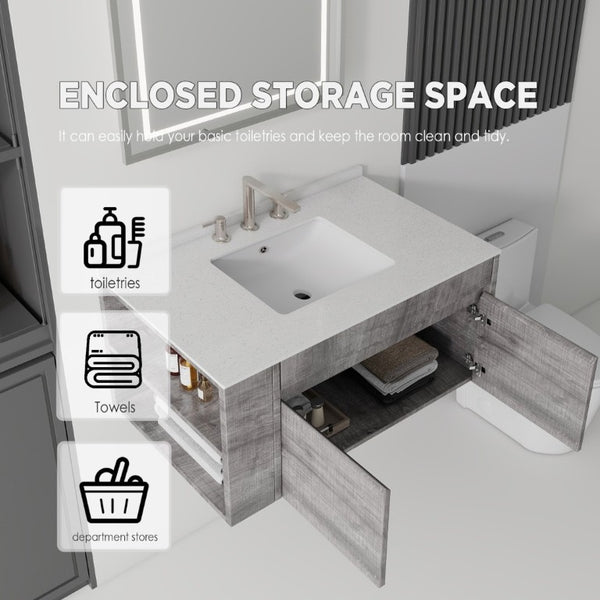 English Elm 36 Inch Floating Bathroom Vanity with Cultured Marble Top Undermount Sink Soft Close Grey Granite White B2775S00223