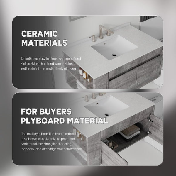 English Elm 36 Inch Floating Bathroom Vanity with Cultured Marble Top Undermount Sink Soft Close Grey Granite White B2775S00223