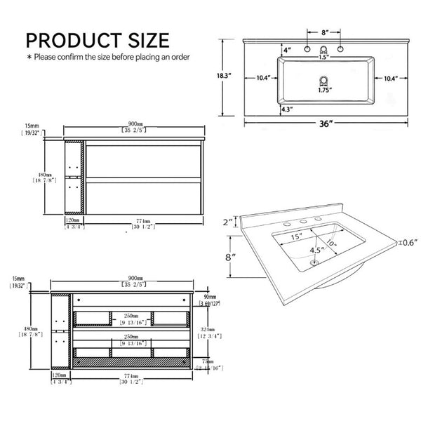 English Elm 36 Inch Floating Bathroom Vanity with Cultured Marble Top Undermount Sink Soft Close Grey Granite White B2775S00223