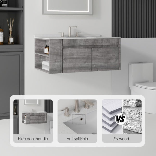 English Elm 36 Inch Floating Bathroom Vanity with Cultured Marble Top Undermount Sink Soft Close Grey Granite White B2775S00223