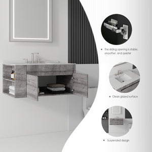 English Elm 36 Inch Floating Bathroom Vanity with Cultured Marble Top Undermount Sink Soft Close Grey Granite White B2775S00223