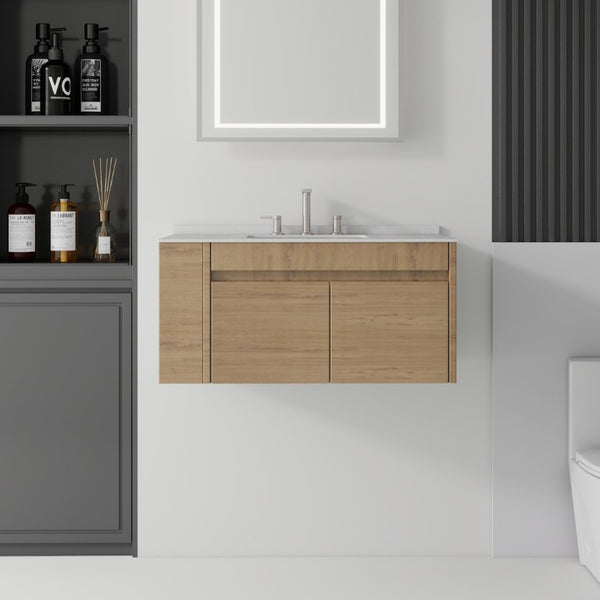 English Elm 36 Inch Floating Bathroom Vanity with Cultured Marble Top Undermount Sink Soft Close Oak Granite White B2775S00224