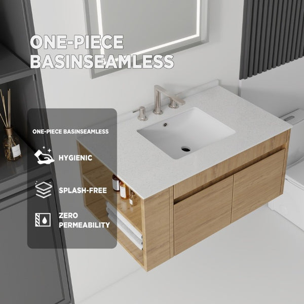 English Elm 36 Inch Floating Bathroom Vanity with Cultured Marble Top Undermount Sink Soft Close Oak Granite White B2775S00224