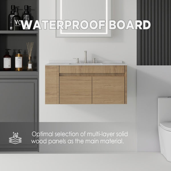 English Elm 36 Inch Floating Bathroom Vanity with Cultured Marble Top Undermount Sink Soft Close Oak Granite White B2775S00224
