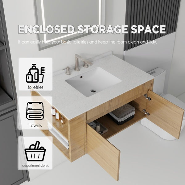 English Elm 36 Inch Floating Bathroom Vanity with Cultured Marble Top Undermount Sink Soft Close Oak Granite White B2775S00224