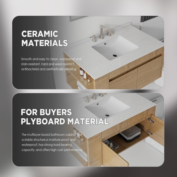 English Elm 36 Inch Floating Bathroom Vanity with Cultured Marble Top Undermount Sink Soft Close Oak Granite White B2775S00224