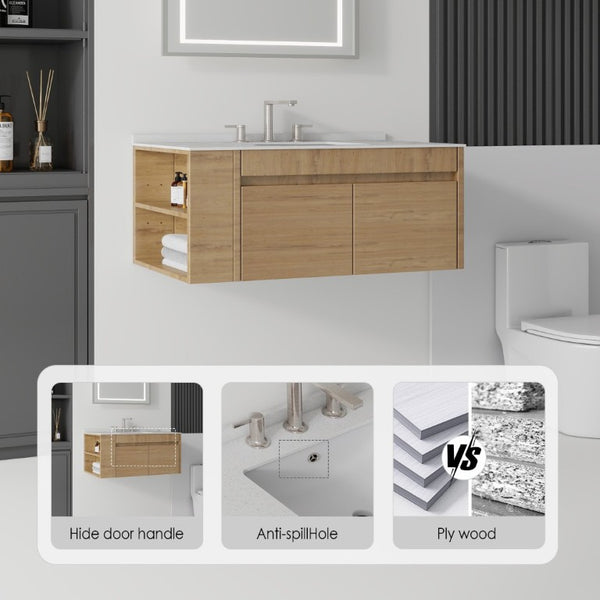 English Elm 36 Inch Floating Bathroom Vanity with Cultured Marble Top Undermount Sink Soft Close Oak Granite White B2775S00224