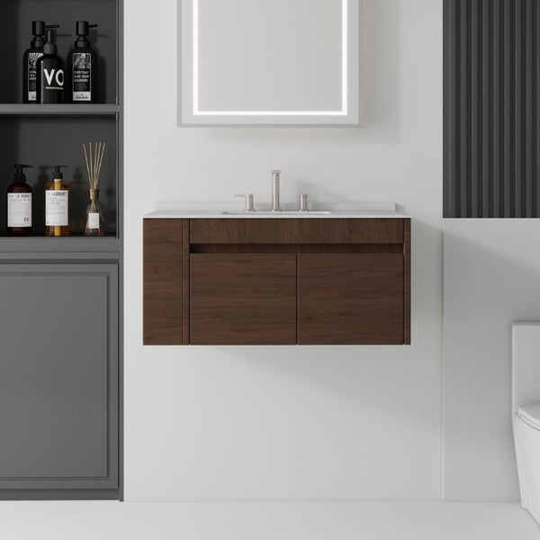 English Elm 36 Inch Floating Bathroom Vanity with Cultured Marble Top Undermount Sink Soft Close Brown Granite White B2775S00225