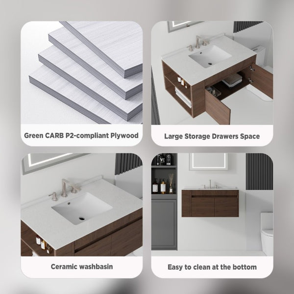 English Elm 36 Inch Floating Bathroom Vanity with Cultured Marble Top Undermount Sink Soft Close Brown Granite White B2775S00225