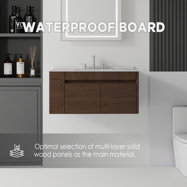 English Elm 36 Inch Floating Bathroom Vanity with Cultured Marble Top Undermount Sink Soft Close Brown Granite White B2775S00225