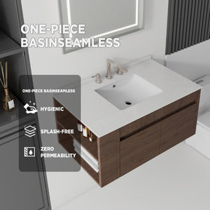 English Elm 36 Inch Floating Bathroom Vanity with Cultured Marble Top Undermount Sink Soft Close Brown Granite White B2775S00225