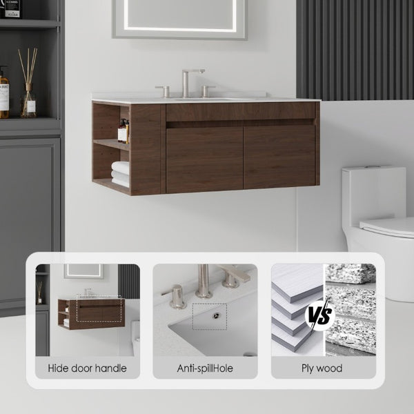 English Elm 36 Inch Floating Bathroom Vanity with Cultured Marble Top Undermount Sink Soft Close Brown Granite White B2775S00225