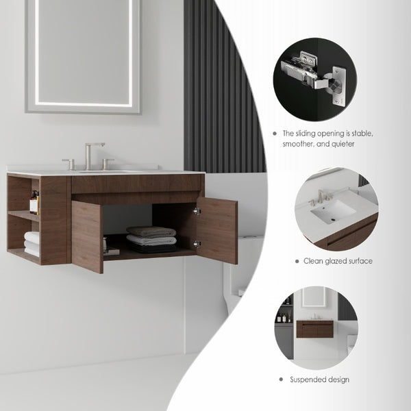 English Elm 36 Inch Floating Bathroom Vanity with Cultured Marble Top Undermount Sink Soft Close Brown Granite White B2775S00225