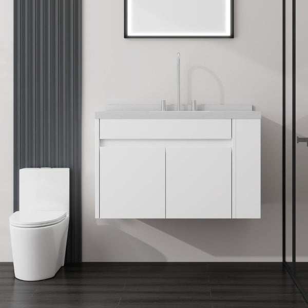 English Elm 36 Inch Floating Bathroom Vanity Plywood Cabinet Cultured Marble Undermount Sink White Carrara White B2775S00226