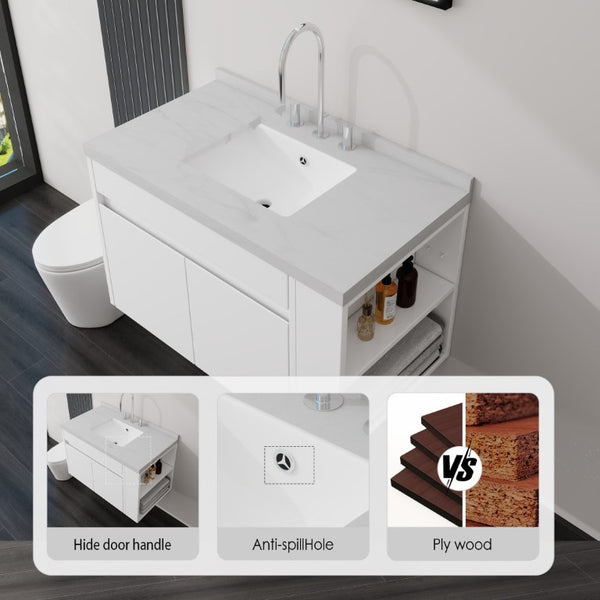 English Elm 36 Inch Floating Bathroom Vanity Plywood Cabinet Cultured Marble Undermount Sink White Carrara White B2775S00226
