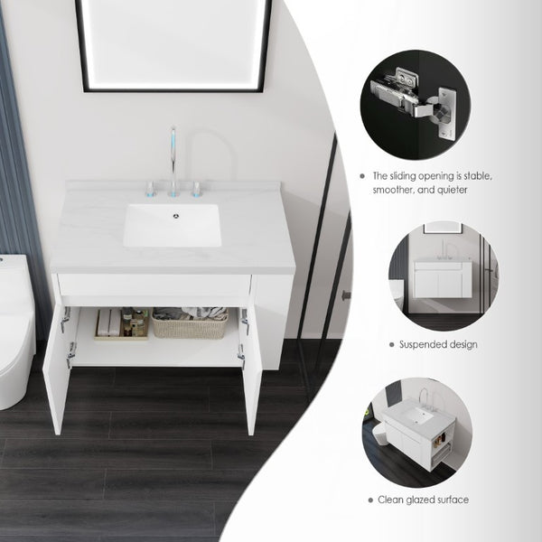 English Elm 36 Inch Floating Bathroom Vanity Plywood Cabinet Cultured Marble Undermount Sink White Carrara White B2775S00226