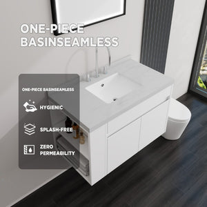 English Elm 36 Inch Floating Bathroom Vanity Plywood Cabinet Cultured Marble Undermount Sink White Carrara White B2775S00226