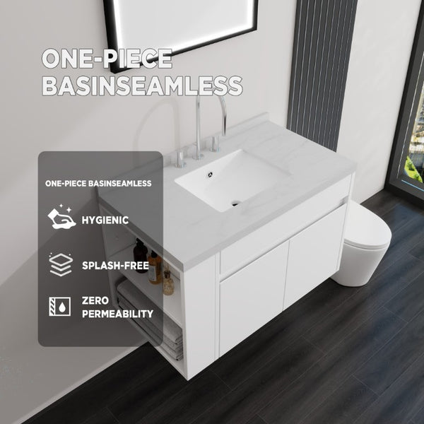 English Elm 36 Inch Floating Bathroom Vanity Plywood Cabinet Cultured Marble Undermount Sink White Carrara White B2775S00226