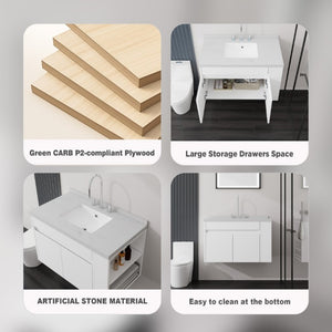 English Elm 36 Inch Floating Bathroom Vanity Plywood Cabinet Cultured Marble Undermount Sink White Carrara White B2775S00226