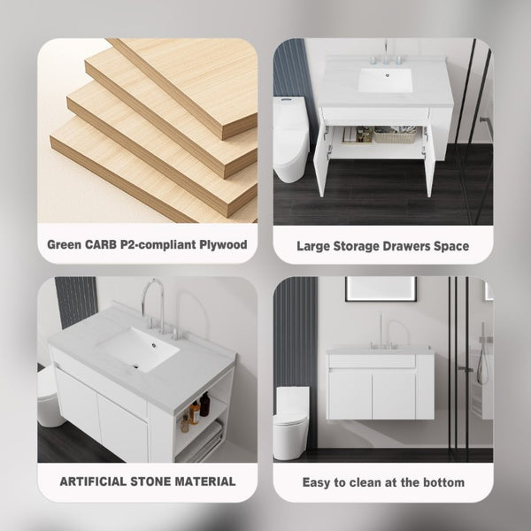 English Elm 36 Inch Floating Bathroom Vanity Plywood Cabinet Cultured Marble Undermount Sink White Carrara White B2775S00226