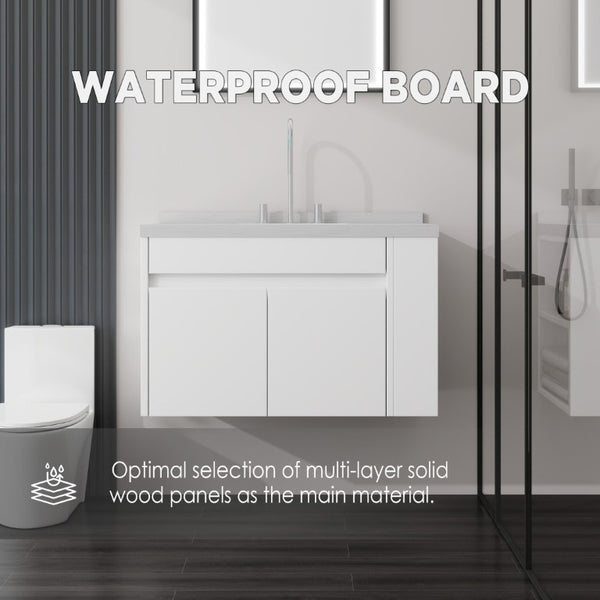 English Elm 36 Inch Floating Bathroom Vanity Plywood Cabinet Cultured Marble Undermount Sink White Carrara White B2775S00226