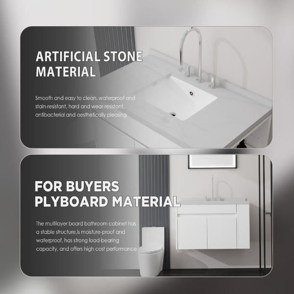 English Elm 36 Inch Floating Bathroom Vanity Plywood Cabinet Cultured Marble Undermount Sink White Carrara White B2775S00226