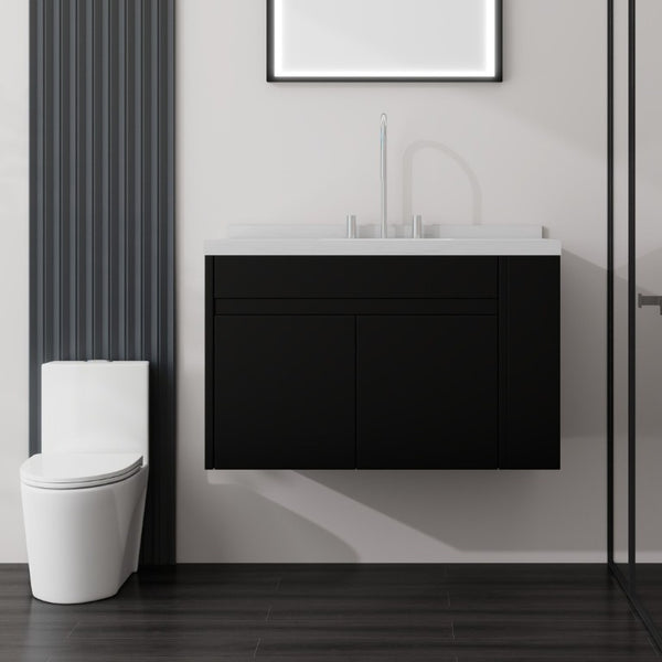 English Elm 36 Inch Floating Bathroom Vanity Plywood Cabinet Cultured Marble Undermount Sink Black Carrara White B2775S00227