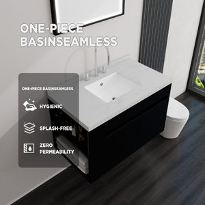 English Elm 36 Inch Floating Bathroom Vanity Plywood Cabinet Cultured Marble Undermount Sink Black Carrara White B2775S00227