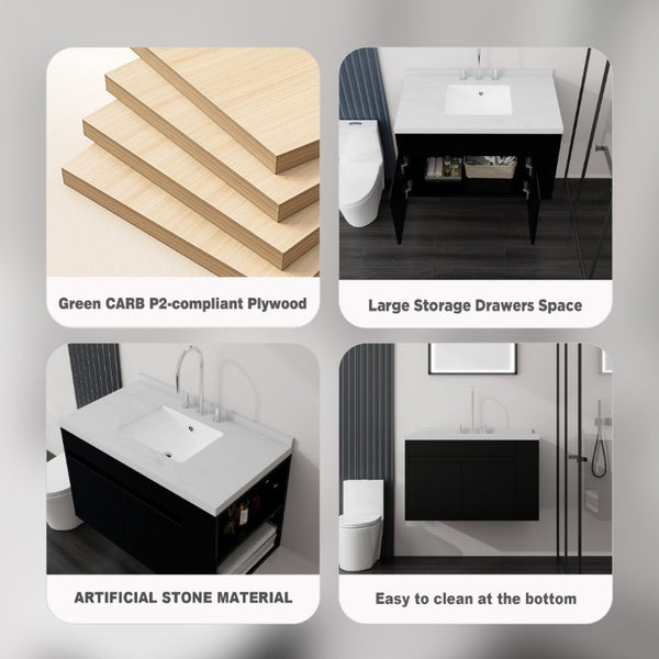 English Elm 36 Inch Floating Bathroom Vanity Plywood Cabinet Cultured Marble Undermount Sink Black Carrara White B2775S00227