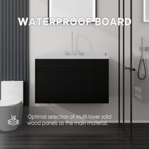 English Elm 36 Inch Floating Bathroom Vanity Plywood Cabinet Cultured Marble Undermount Sink Black Carrara White B2775S00227