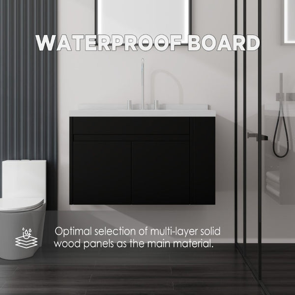 English Elm 36 Inch Floating Bathroom Vanity Plywood Cabinet Cultured Marble Undermount Sink Black Carrara White B2775S00227