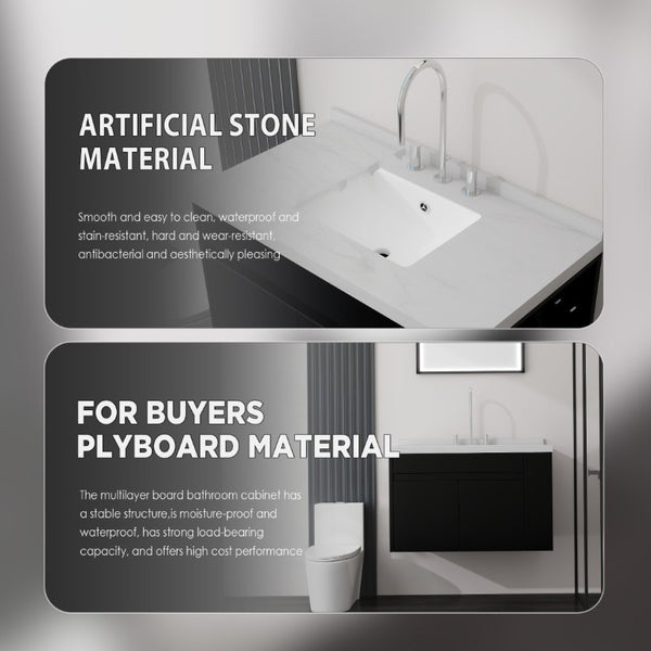 English Elm 36 Inch Floating Bathroom Vanity Plywood Cabinet Cultured Marble Undermount Sink Black Carrara White B2775S00227