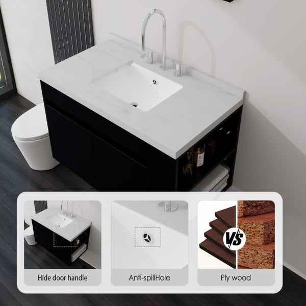 English Elm 36 Inch Floating Bathroom Vanity Plywood Cabinet Cultured Marble Undermount Sink Black Carrara White B2775S00227