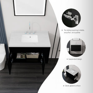 English Elm 36 Inch Floating Bathroom Vanity Plywood Cabinet Cultured Marble Undermount Sink Black Carrara White B2775S00227