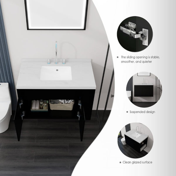 English Elm 36 Inch Floating Bathroom Vanity Plywood Cabinet Cultured Marble Undermount Sink Black Carrara White B2775S00227