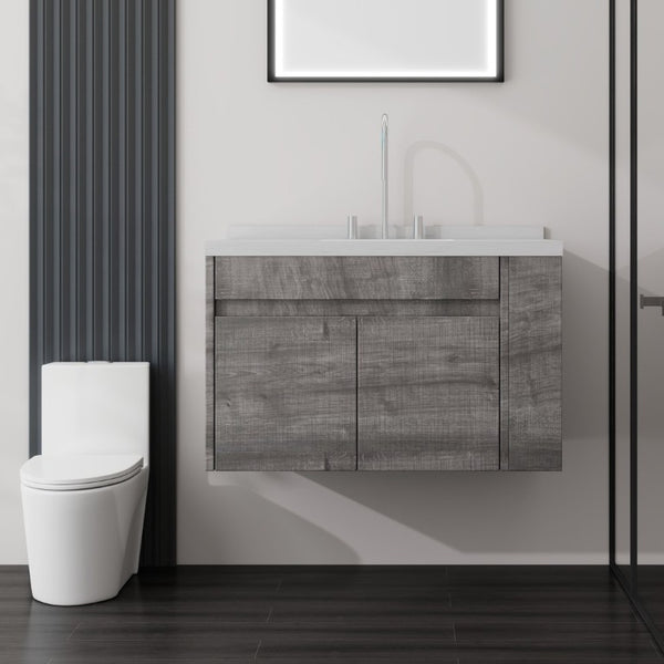English Elm 36 Inch Floating Bathroom Vanity Plywood Cabinet Cultured Marble Undermount Sink Grey Carrara White B2775S00228