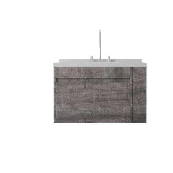 English Elm 36 Inch Floating Bathroom Vanity Plywood Cabinet Cultured Marble Undermount Sink Grey Carrara White B2775S00228